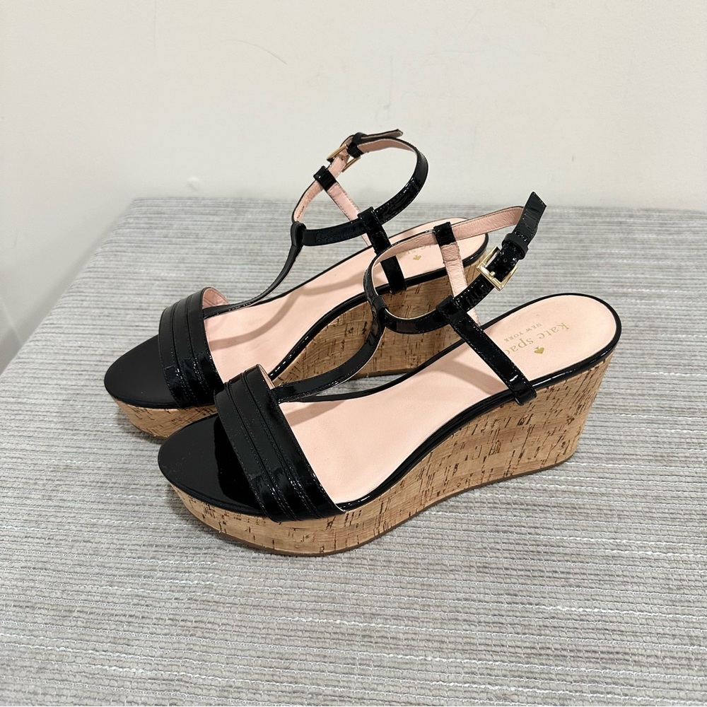 Kate Spade Tallin Black Patent Leather T-Strap Cork Platform Wedge Sandal 10,5 - Picture 2 of 10